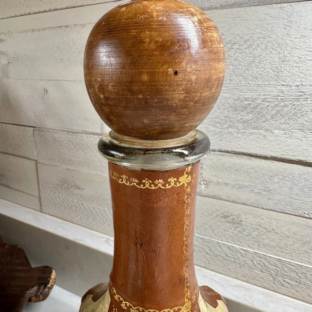 VINTAGE, GENUINE ITALIAN LEATHER-WRAPPED, EMPTY, GLASS LIQUOR DECANTER.